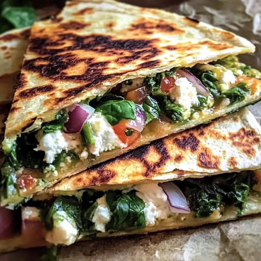 Mediterranean Quesadillas with Spinach, Feta, Mozzarella, and Red Onion
