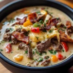 One-Pot Philly Cheesesteak Soup with Bacon and Cheesy Toast