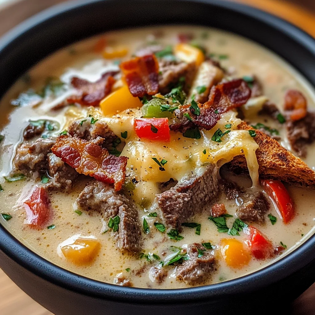 One-Pot Philly Cheesesteak Soup with Bacon and Cheesy Toast